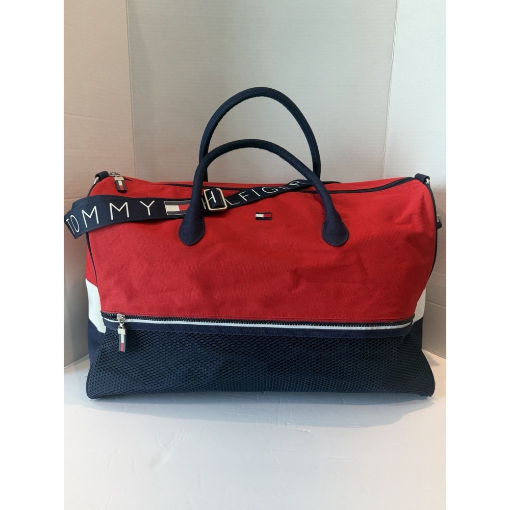 VTG Tommy Hilfiger Red, Navy and White Canvas Duffel Bag w/ Adj Shoulder Strap